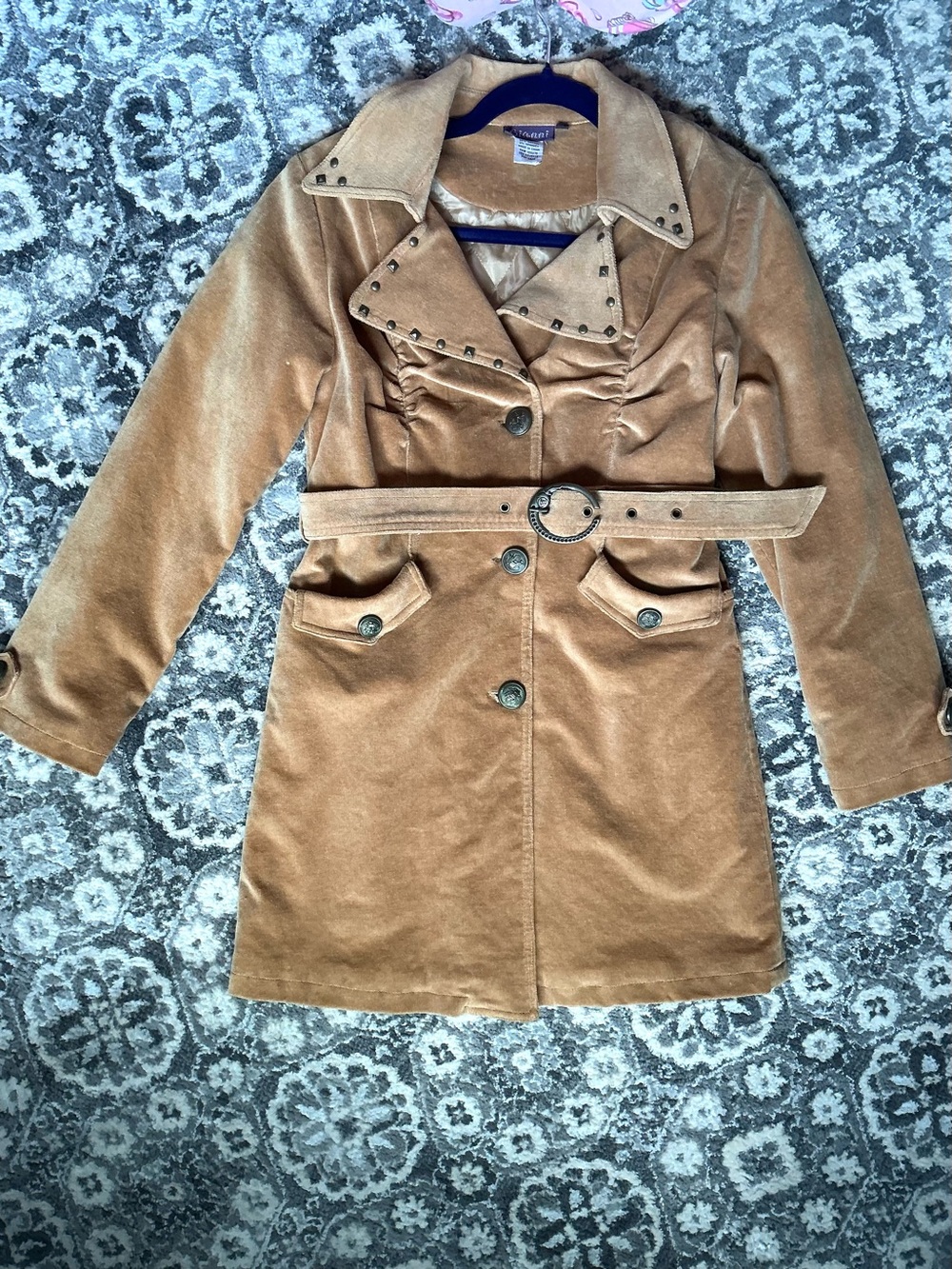 Bianni Girls Size 14 Camel Belted Stretch Trench Coat Studded Lapel Cotton Blend - Picture 4 of 13